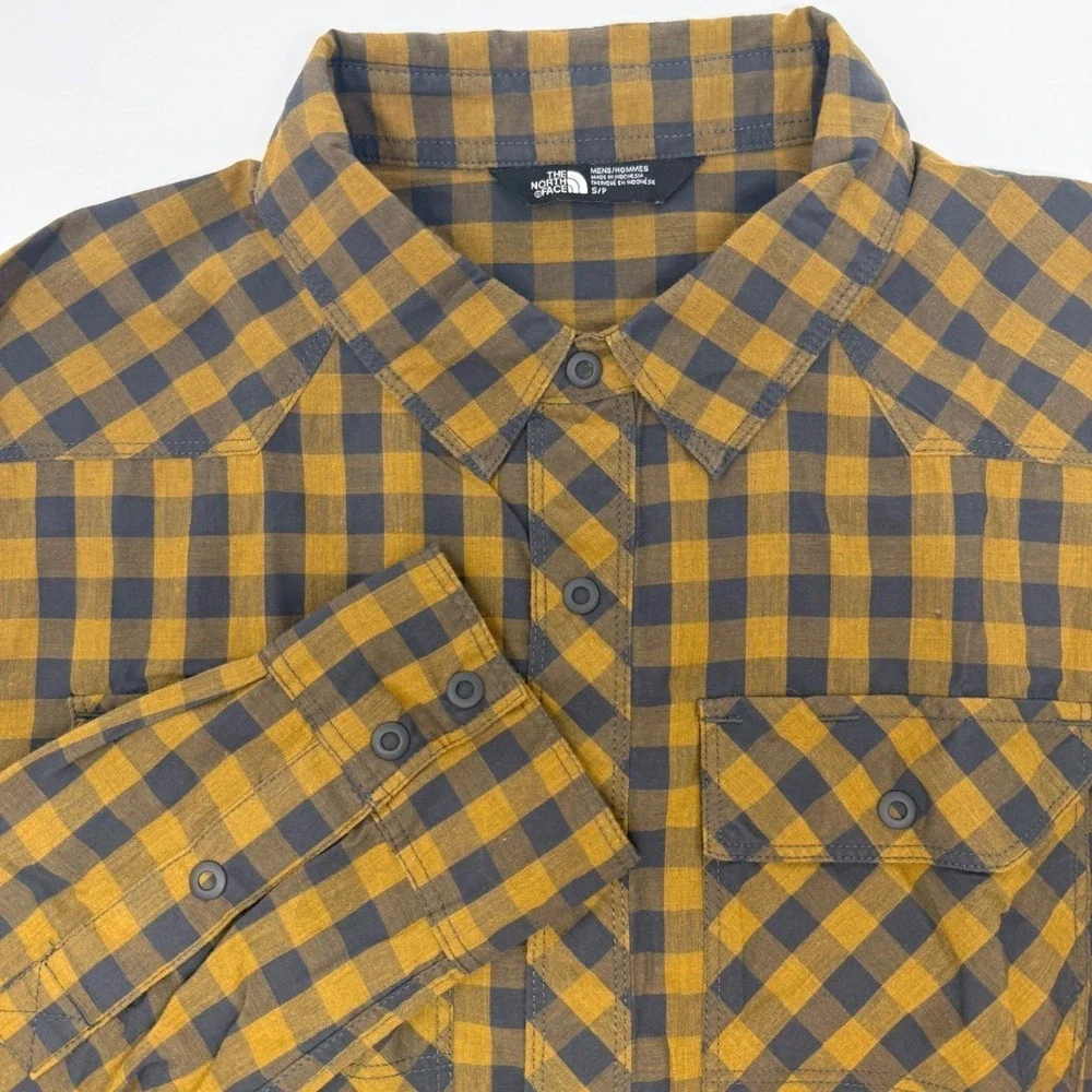 The North Face Mens Small Plaid Snap Front Western Shirt Yellow Grey Long Sleeve